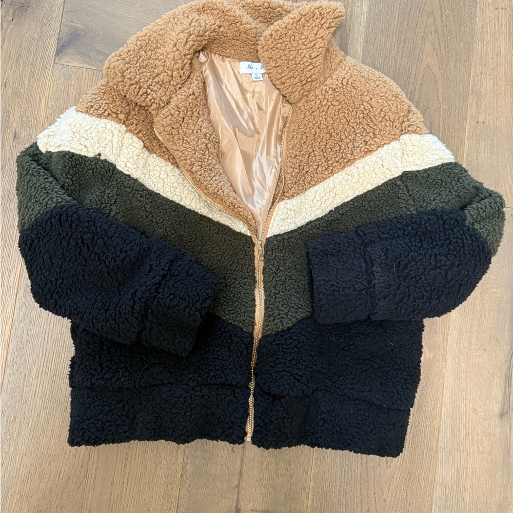 She + Sky Kids Sherpa Jacket - Black, Cream, and Brown NWOT